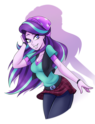 Size: 5100x6600 | Tagged: safe, artist:ambris, character:starlight glimmer, my little pony:equestria girls, absurd resolution, bracelet, breasts, cleavage, clothing, colored pupils, cute, female, jewelry, leggings, looking at you, plaid, simple background, skirt, smiling, solo, white background