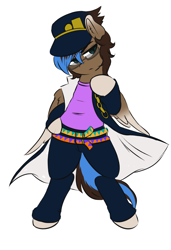 Size: 2455x3597 | Tagged: safe, artist:wickedsilly, oc, oc only, oc:playthrough, species:anthro, species:pegasus, species:pony, species:unguligrade anthro, anthro oc, belt, chains, clothing, commission, cosplay, costume, folded wings, glasses, hat, jacket, jojo pose, jojo's bizarre adventure, jotaro kujo, looking away, male, pose, simple background, solo, stallion, white background, yare yare daze