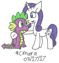 Size: 678x717 | Tagged: safe, artist:cmara, character:rarity, character:spike, species:dragon, hoof on shoulder, looking at each other, simple background, traditional art, white background