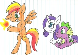 Size: 1048x744 | Tagged: safe, artist:cmara, character:rarity, character:spike, oc, oc:asteroid angus, species:dragon, commission, lined paper, traditional art