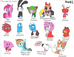 Size: 2224x1696 | Tagged: safe, artist:cmara, character:pinkie pie, character:rainbow dash, amy rose, bloo (foster's), blossom (powerpuff girls), brian griffin, bubbles (powerpuff girls), buttercup (powerpuff girls), cosmo the seedrian, crossover, disney, family guy, flaky, foster's home for imaginary friends, garfield, happy tree friends, kirby, kirby (character), miles "tails" prower, nintendo, osmosis jones, oswald the lucky rabbit, sonic the hedgehog (series), stewie griffin, the powerpuff girls, traditional art, wilt (foster's home for imaginary friends)