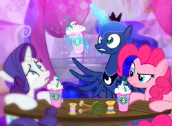 Size: 1000x730 | Tagged: safe, artist:pixelkitties, character:pinkie pie, character:princess luna, character:rarity, species:alicorn, species:earth pony, species:pony, species:unicorn, crown, female, frappuccino, glowing horn, jewelry, luna found the coffee, magic, mare, rainbow thread, regalia, spread wings, starbucks, sugar rush, table, trio, unicorn frappuccino, wings