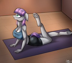 Size: 1700x1500 | Tagged: safe, artist:novaspark, character:maud pie, species:anthro, species:unguligrade anthro, backbend, breasts, busty maud pie, dock, female, frog (hoof), solo, stretching, tight clothing, underhoof, yoga, yoga pants