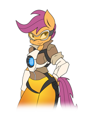 Size: 5000x6467 | Tagged: safe, artist:ambris, artist:baronbronie, edit, character:scootaloo, species:anthro, species:pegasus, species:pony, absurd resolution, clothing, colored, cosplay, costume, crossover, female, goggles, overwatch, simple background, solo, tracer, transparent background, wavy mouth