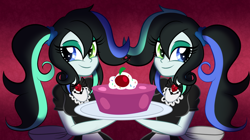 Size: 900x505 | Tagged: safe, artist:wubcakeva, oc, oc only, oc:lefty, oc:righty, my little pony:equestria girls, cake, clothing, dessert, equestria girls-ified, food, maid, plate, twins