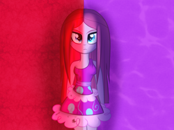 Size: 1024x768 | Tagged: safe, artist:wubcakeva, character:pinkamena diane pie, character:pinkie pie, my little pony:equestria girls, clothing, dress, female, looking at you, loose hair, solo, two sides