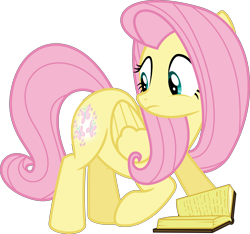 Size: 6825x6400 | Tagged: safe, artist:parclytaxel, character:fluttershy, species:pegasus, species:pony, episode:the hooffields and mccolts, g4, my little pony: friendship is magic, .svg available, absurd resolution, book, booty call, female, glowing cutie mark, looking back, mare, simple background, solo, surprised, transparent background, vector