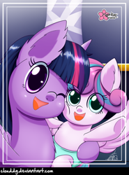 Size: 738x1000 | Tagged: safe, artist:clouddg, character:princess flurry heart, character:twilight sparkle, character:twilight sparkle (alicorn), species:alicorn, species:pony, aunt and niece, baby, baby pony, best aunt ever, cute, diaper, one eye closed, underhoof, wink