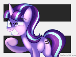 Size: 900x675 | Tagged: safe, artist:wubcakeva, character:starlight glimmer, species:pony, species:unicorn, equal cutie mark, evil, evil grin, evil starlight, female, grin, mare, raised hoof, s5 starlight, smiling, solo