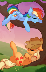 Size: 1242x1920 | Tagged: safe, artist:ratofdrawn, character:applejack, character:rainbow dash, species:earth pony, species:pegasus, species:pony, crossed hooves, crossed legs, cute, eyes closed, female, floppy ears, freckles, mare, sleeping, straw in mouth, tree, tree branch