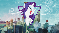 Size: 3840x2160 | Tagged: safe, artist:abion47, artist:iphstich, artist:laszlvfx, edit, character:rarity, species:pony, species:unicorn, bridge, city, cityscape, crystaller building, eyes closed, eyeshadow, female, makeup, manehattan, mare, open mouth, pier, smiling, solo, wallpaper, wallpaper edit