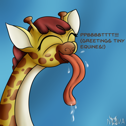 Size: 1500x1500 | Tagged: safe, artist:novaspark, character:clementine, episode:fluttershy leans in, g4, my little pony: friendship is magic, drool, drool string, female, giraffe, giraffes doing giraffe things, long tongue, onomatopoeia, raspberry, raspberry noise, silly, smiling, solo, tongue out
