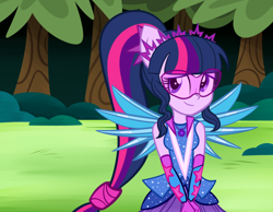 Size: 980x760 | Tagged: safe, artist:wubcakeva, character:twilight sparkle, character:twilight sparkle (scitwi), species:eqg human, equestria girls:legend of everfree, g4, my little pony: equestria girls, my little pony:equestria girls, clothing, crystal guardian, crystal wings, cute, dress, female, glasses, ponied up, ponytail, scitwilicorn, solo, super ponied up, tree, twiabetes, visor, wings