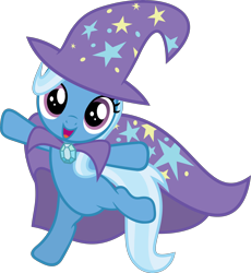 Size: 4142x4500 | Tagged: safe, artist:slb94, character:trixie, species:pony, species:unicorn, absurd resolution, cape, clothing, cute, diatrixes, female, filly, happy, hat, looking at you, mare, open mouth, simple background, smiling, solo, transparent background, trixie's cape, trixie's hat, vector, younger