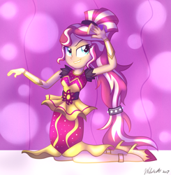 Size: 900x919 | Tagged: safe, artist:wubcakeva, character:sunset shimmer, equestria girls:dance magic, g4, my little pony: equestria girls, my little pony:equestria girls, spoiler:eqg specials, alternate hairstyle, beautiful, clothing, dress, female, lip bite, ponied up, signature, smiling, smirk, solo, stage