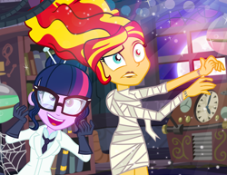 Size: 1000x773 | Tagged: safe, artist:pixelkitties, character:sunset shimmer, character:twilight sparkle, character:twilight sparkle (scitwi), species:eqg human, my little pony:equestria girls, bandage, book, bride of frankenstein, clothing, crossover, cute, duo, female, full moon, glasses, gloves, lab coat, laboratory, laughing, lipstick, monster, moon, potion, smiling, stitch