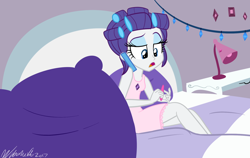 Size: 1024x647 | Tagged: safe, artist:wubcakeva, character:rarity, my little pony:equestria girls, alternate hairstyle, bed, cellphone, clothing, desk, female, hair curlers, nightgown, open mouth, phone, pillow, signature, solo
