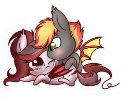 Size: 976x897 | Tagged: safe, artist:jc_bbqueen, oc, oc only, oc:savory zest, oc:scarlet quill, species:bat pony, species:pony, chibi, commission, cuddling, female, glasses, husband and wife, male, mare, oc x oc, scarlory, shipping, simple background, stallion, straight, transparent background