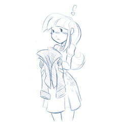 Size: 500x543 | Tagged: safe, artist:ambris, character:twilight sparkle, my little pony:equestria girls, blushing, clothing, female, heart, implied sunset shimmer, jacket, leather jacket, monochrome, offscreen character, solo