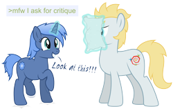 Size: 8192x5266 | Tagged: safe, artist:djdavid98, oc, oc only, oc:paamayim nekudotayim, oc:star farer, species:earth pony, species:pony, species:unicorn, absurd resolution, excited, greentext, jumping, magic, paper, simple background, text, transparent background, vector