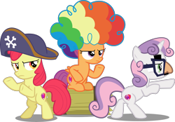 Size: 11182x7793 | Tagged: safe, artist:jhayarr23, character:apple bloom, character:scootaloo, character:sweetie belle, species:pegasus, species:pony, episode:hard to say anything, g4, my little pony: friendship is magic, absurd resolution, afro, agent rainbow head, clothing, cutie mark crusaders, female, filly, glasses, hat, pirate hat, rearing, shimmering spectacles, simple background, sitting, spyrate, the cmc's cutie marks, transparent background, underhoof, vector, wig