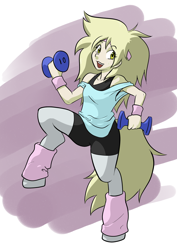 Size: 1838x2592 | Tagged: safe, artist:dj-black-n-white, oc, oc only, oc:koda, parent:derpy hooves, satyr, 80s, exercise, leg warmers, offspring, solo, weights