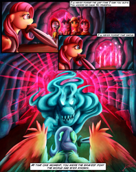 Size: 1935x2449 | Tagged: safe, artist:jamescorck, character:applejack, character:clover the clever, character:fluttershy, character:pinkie pie, character:rainbow dash, character:rarity, character:twilight sparkle, species:pony, comic:i will never leave you, chancellor puddinghead, comic, commander hurricane, grimdark series, heroic sacrifice, magic, mane six, mouth hold, princess platinum, private pansy, smart cookie, sword, weapon, windigo