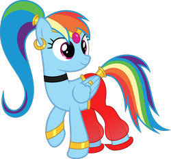 Size: 6882x6400 | Tagged: safe, artist:parclytaxel, character:rainbow dash, species:pegasus, species:pony, .svg available, absurd resolution, ain't never had friends like us, alternate hairstyle, armband, circlet, clothing, collar, ear piercing, earring, feather ring, female, gem, genie, jewelry, leg brace, looking back, mare, piercing, ponytail, rainbow dash always dresses in style, ring, shantae, shantae (character), shoes, simple background, smiling, solo, tail wrap, transparent background, vector, wing jewelry