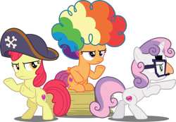 Size: 5000x3452 | Tagged: safe, artist:dashiesparkle, character:apple bloom, character:scootaloo, character:sweetie belle, species:pegasus, species:pony, episode:hard to say anything, g4, my little pony: friendship is magic, .svg available, absurd resolution, agent rainbow head, charlie's angels, clothing, cutie mark crusaders, female, filly, funny face, glasses, hat, hay bale, pirate hat, shimmering spectacles, simple background, spyrate, transparent background, trio, vector, wig
