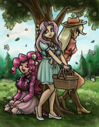Size: 778x1000 | Tagged: safe, artist:king-kakapo, character:applejack, character:fluttershy, character:pinkie pie, species:human, basket, beautiful, boots, clothing, cowboy hat, denim, dress, eyes closed, female, flower, hat, high heels, human female, humanized, kneeling, leaning, leaning back, light skin, open mouth, shoes, shorts, skirt, smiling, socks, stetson, suspenders, tree, trio, trio female