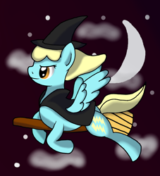 Size: 1024x1127 | Tagged: safe, artist:novaspark, character:sassaflash, broom, cloud, cloudy, costume, crescent moon, flying, flying broomstick, moon, night, night sky, solo, spread wings, stars, wings, witch