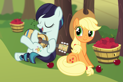 Size: 2217x1478 | Tagged: safe, artist:jhayarr23, character:applejack, character:coloratura, species:pony, ship:rarajack, acoustic guitar, apple, basket, blushing, clothing, cowboy hat, duo, female, food, guitar, hat, lesbian, mare, music notes, shipping, singing, sitting, smiling, stetson, sweet apple acres, tree