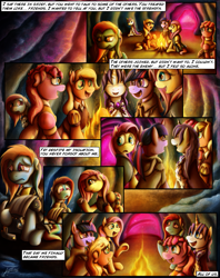 Size: 1935x2449 | Tagged: safe, artist:jamescorck, character:applejack, character:clover the clever, character:fluttershy, character:pinkie pie, character:rainbow dash, character:rarity, character:twilight sparkle, species:earth pony, species:pegasus, species:pony, species:unicorn, comic:i will never leave you, chancellor puddinghead, comic, commander hurricane, fire, grimdark series, history, princess platinum, private pansy, smart cookie