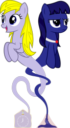 Size: 6400x11685 | Tagged: safe, artist:parclytaxel, oc, oc only, oc:azure wrath, oc:timey marey, species:earth pony, species:pegasus, species:pony, .svg available, absurd resolution, angry, bottle, clock, collar, female, frown, gem, genie, genie pony, knot, mare, open mouth, raised hoof, simple background, smiling, transparent background, vector