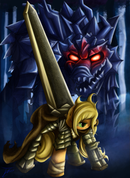 Size: 915x1250 | Tagged: safe, artist:jamescorck, character:applejack, species:earth pony, species:pony, anime, armor, berserk, clothing, crossover, female, mare, monster, mouth hold, scar, solo, sword, weapon