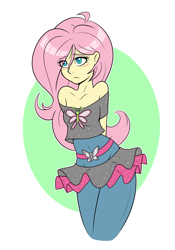 Size: 1080x1541 | Tagged: safe, artist:ambris, character:fluttershy, equestria girls:dance magic, g4, my little pony: equestria girls, my little pony:equestria girls, spoiler:eqg specials, abstract background, adorasexy, beautiful, beautisexy, blushing, breasts, clothing, colored pupils, cute, eye clipping through hair, female, hands behind back, sexy, shoulderless, shyabetes, small breasts, solo, tutu