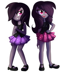 Size: 1024x1261 | Tagged: safe, artist:wubcakeva, oc, oc only, oc:genie, oc:gypsy, my little pony:equestria girls, clothing, duo, female, hair over one eye, simple background, smiling, transparent background, twins, vampire
