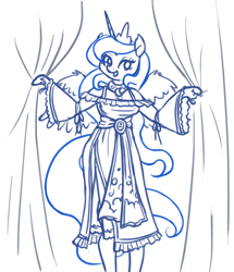 Size: 860x1000 | Tagged: safe, artist:king-kakapo, character:princess luna, species:alicorn, species:anthro, species:pony, species:unguligrade anthro, clothing, dress, female, gown, jewelry, mare, monochrome, neo noir, partial color, regalia, sketch, smiling, solo