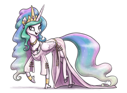 Size: 1280x931 | Tagged: safe, artist:king-kakapo, character:princess celestia, species:alicorn, species:pony, clothing, crown, dress, female, jewelry, mare, necklace, raised hoof, regalia, shoes, simple background, smiling, solo, unshorn fetlocks