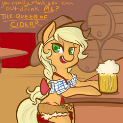 Size: 450x450 | Tagged: safe, artist:mt, character:applejack, bar, cider, clothing, daisy dukes, drink, female, sitting, solo, suspenders