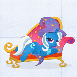 Size: 3000x3000 | Tagged: safe, artist:pixelkitties, character:trixie, species:pony, species:unicorn, clothing, cutie mark, fainting couch, felt, female, hat, high res, hooves, horn, lidded eyes, lineless, looking at you, looking back, lying down, mare, prone, smiling, solo, sploot, trixie's cape, trixie's hat