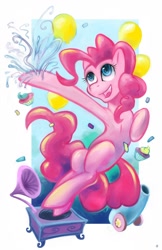 Size: 698x1080 | Tagged: safe, artist:hobbes-maxwell, character:pinkie pie, species:earth pony, species:pony, balloon, confetti, cupcake, female, gramophone, jumping, mare, open mouth, party cannon, record player, smiling, solo