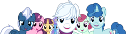 Size: 11048x3000 | Tagged: safe, artist:dashiesparkle, character:amethyst skim, character:double diamond, character:ivy vine, character:night glider, character:party favor, character:sugar belle, character:trixie, species:pony, species:unicorn, episode:to where and back again, g4, my little pony: friendship is magic, absurd resolution, cape, clothing, compilation, cropped, equal four, female, group, hat, high res, looking at you, male, mare, offscreen character, panorama, pov, simple background, smiling, stallion, transparent background, trixie's cape, trixie's hat, vector