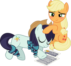 Size: 5228x4867 | Tagged: safe, artist:jhayarr23, character:applejack, character:coloratura, species:earth pony, species:pony, ship:rarajack, absurd resolution, accessory swap, applejack's hat, blushing, clothing, cowboy hat, cuddling, eyes closed, female, hat, lesbian, mare, paper, pencil, shipping, simple background, sleeping, transparent background, vector