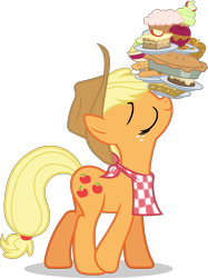 Size: 3749x5000 | Tagged: safe, artist:dashiesparkle, character:applejack, species:earth pony, species:pony, episode:a bird in the hoof, g4, my little pony: friendship is magic, .svg available, absurd resolution, apple, apple pie, balancing, caramel apple (food), cupcake, eyes closed, female, food, high res, mare, pie, ponies balancing stuff on their nose, simple background, solo, transparent background, vector