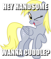 Size: 1080x1255 | Tagged: safe, artist:slb94, character:derpy hooves, species:pegasus, species:pony, blushing, bronybait, female, flirting, image macro, innocent, mare, meme, one eye closed, simple background, solo, vector, white background, wink