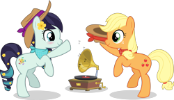 Size: 9336x5361 | Tagged: safe, artist:jhayarr23, character:applejack, character:coloratura, species:earth pony, species:pony, ship:rarajack, absurd resolution, cute, dancing, duo, female, lesbian, looking at each other, mare, shipping, simple background, smiling, transparent background