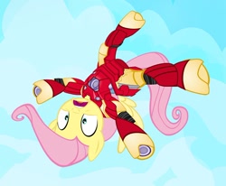 Size: 900x741 | Tagged: safe, artist:pixelkitties, character:fluttershy, species:pegasus, species:pony, armor, avengers, clothing, falling, female, iron man, iron mare, mare, marvel, solo, suit, superhero