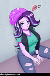 Size: 1930x2953 | Tagged: safe, artist:clouddg, character:starlight glimmer, equestria girls:mirror magic, g4, my little pony: equestria girls, my little pony:equestria girls, spoiler:eqg specials, beanie, breasts, busty starlight glimmer, clothing, female, hat, looking at you, pants, simple background, sitting, smiling, solo