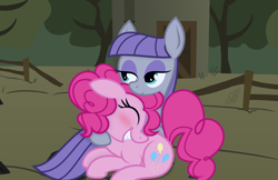 Size: 2304x1490 | Tagged: safe, artist:ponygoggles, artist:slb94, character:maud pie, character:pinkie pie, species:pony, blushing, cuddling, hug, smiling, when she smiles